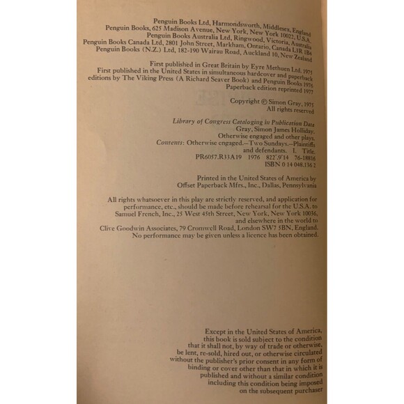 Otherwise Engaged and Other Plays Paperback Simon Gray - Picture 3 of 3